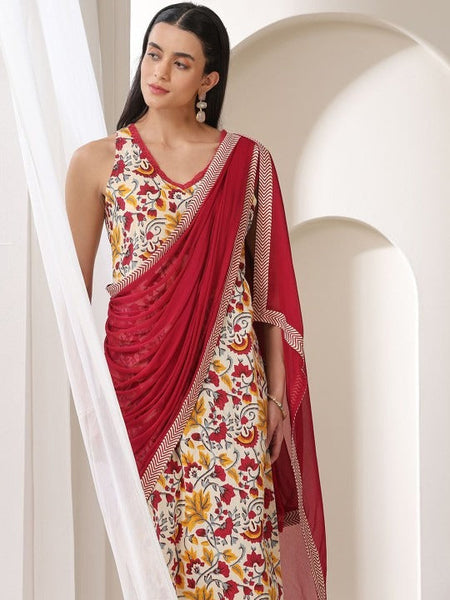 Floral Printed V-Neck Pure Cotton Straight Kurta With Trousers & Dupatta Set VitansEthnics