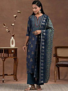 Women Floral Printed Thread Work Straight Kurta With Palazzos & Dupatta Set VitansEthnics