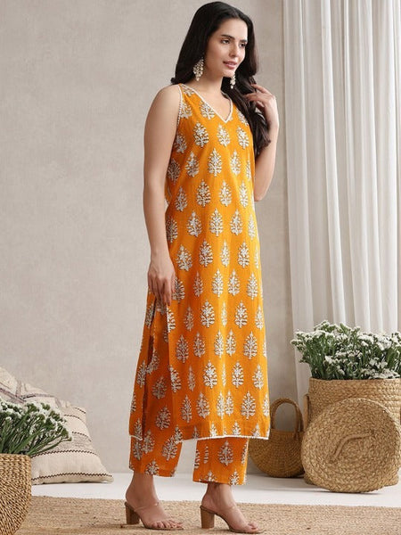 Women Floral Printed V-Neck Pure Cotton Straight Kurta With Palazzos And Dupatta Set VitansEthnics