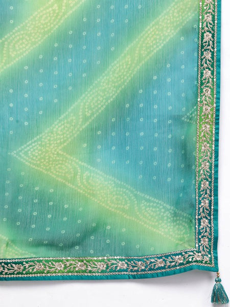 Women Turquoise Blue Bandhani Printed Kurta with Trousers & With Dupatta