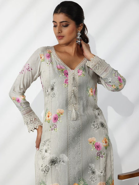 Women Floral Printed V-Neck Thread Work Kurta With Trousers & Dupatta Set