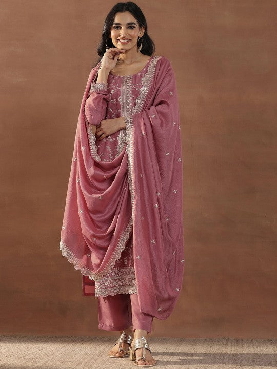 Pink Floral Embroidered Sequinned Straight Kurta With Trousers & Dupatta