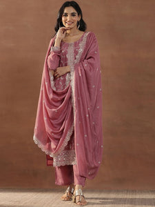 Pink Floral Embroidered Sequinned Straight Kurta With Trousers & Dupatta
