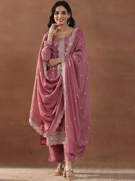 Pink Floral Embroidered Sequinned Straight Kurta With Trousers & Dupatta