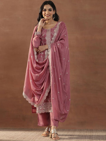 Pink Floral Embroidered Sequinned Straight Kurta With Trousers & Dupatta