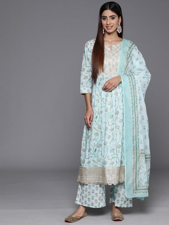 Women Floral Printed Pleated Gotta Patti Pure Cotton Kurta with Palazzos & Dupatta