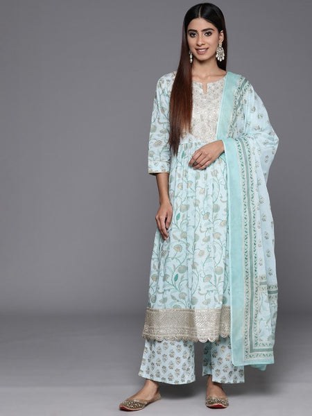 Women Floral Printed Pleated Gotta Patti Pure Cotton Kurta with Palazzos & Dupatta