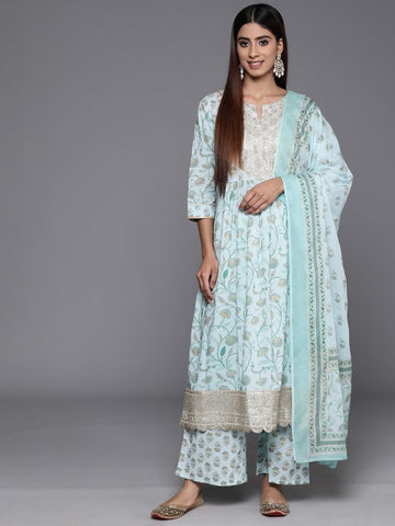 Women Floral Printed Pleated Gotta Patti Pure Cotton Kurta with Palazzos & Dupatta