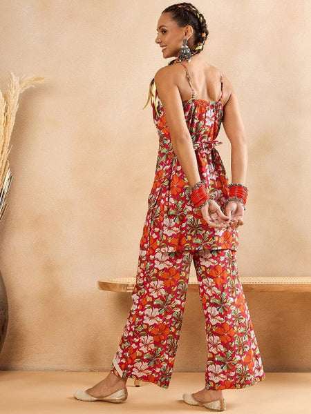 Women Floral Printed Halter Neck Top With Palazzos Set Indo-Western Outfit VitansEthnics