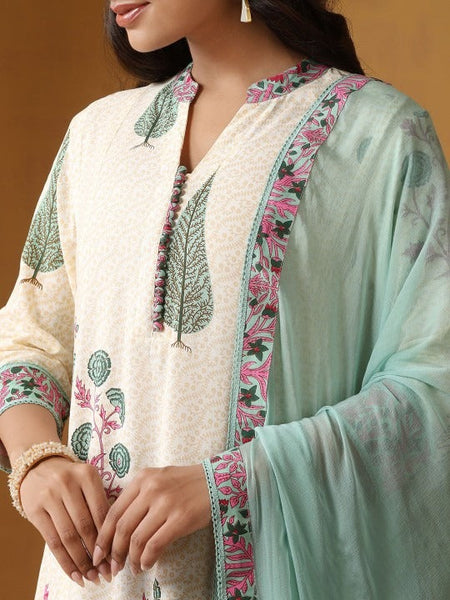 Women Floral Printed Mandarin Collar Pure Cotton A-Line Kurta With Trousers & Dupatta VitansEthnics