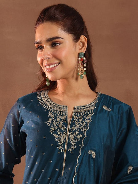 Floral Embroidered Thread Work Chanderi Silk Straight Kurta with Trousers & Dupatta Set