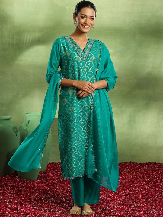 V-Neck Woven Design Zari Straight Kurta with Trouser & Dupatta Set