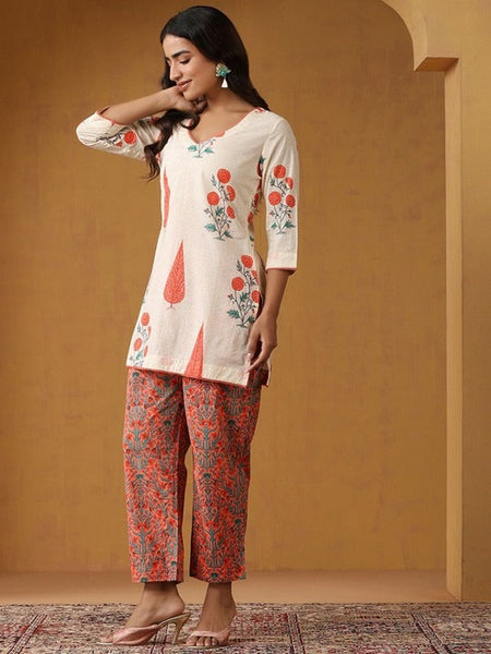 Women Floral Printed Regular Pure Cotton Kurti with Palazzos & Dupatta Set VitansEthnics
