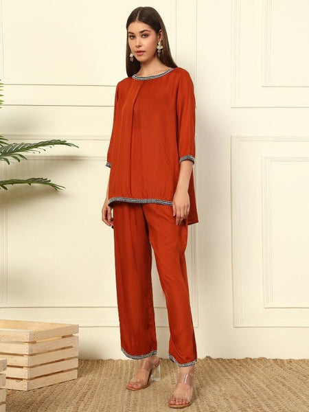 Women Embroidered Boat Neck Pure Cotton Tunic With Trousers Co-Ords Set VitansEthnics