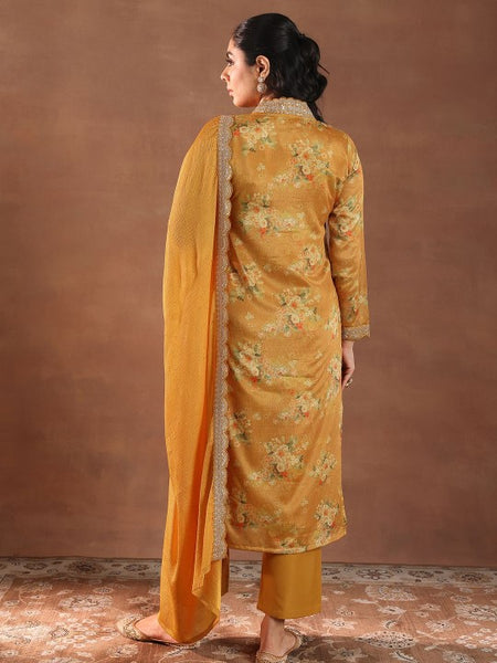 Women Floral Printed V-Neck Thread Work Silk Kurta With Trousers & Dupatta