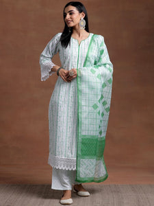 Notched Neck Flared Sleeves Floral Embroidered Straight Kurta with Palazzo & Dupatta Set