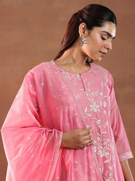 Floral Embroidered Chanderi Silk Kurta With Trousers & Dupatta Set
