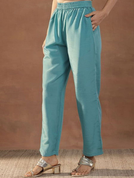 Blue Floral Embroidered Scoop Neck Sequinned Straight Kurta With Trousers & Dupatta