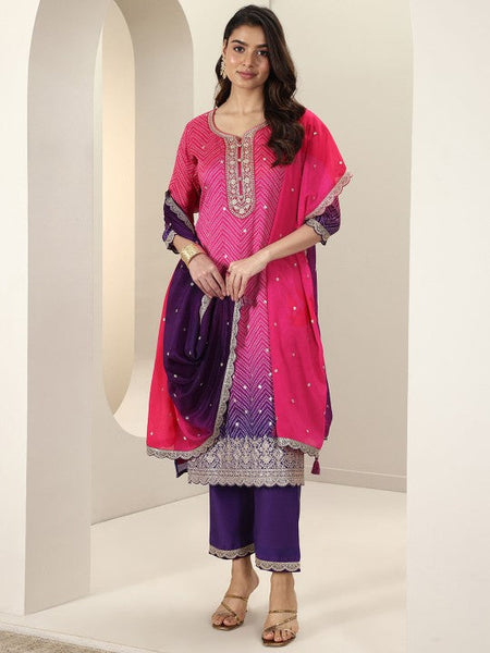 Women Bandhani Printed Regular Zari Work Kurta with Trousers & Dupatta Indian Suit Set VitansEthnics