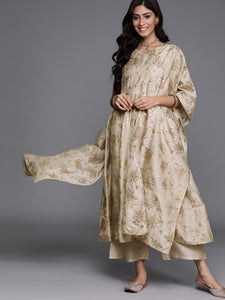 Women Beige Floral Printed Regular Kurta with Palazzos & With Dupatta Set