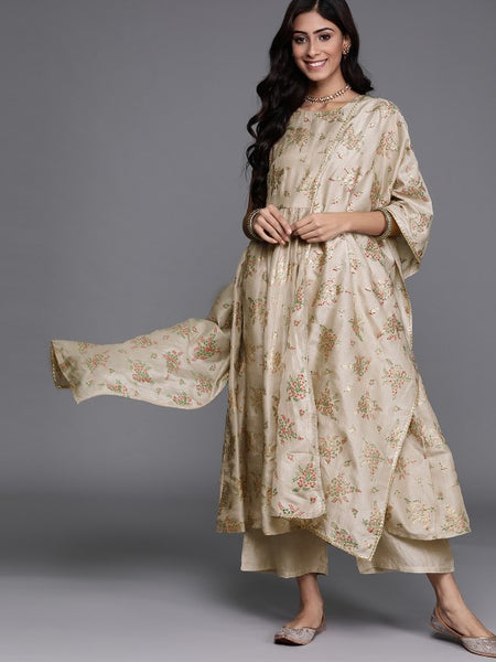 Women Beige Floral Printed Regular Kurta with Palazzos & With Dupatta Set