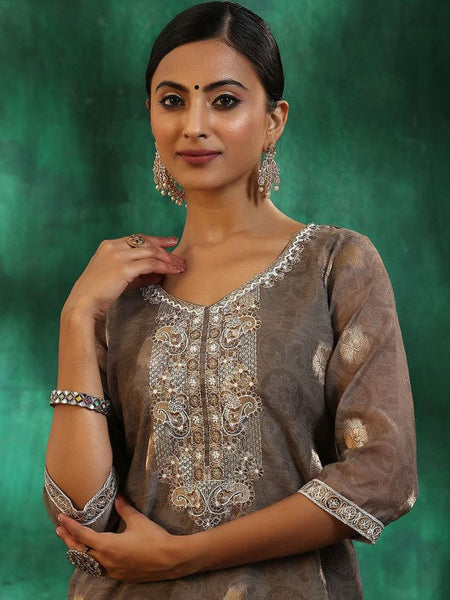 Women Grey Ethnic Motifs Regular Sequinned Kurta with Trousers & With Dupatta Set VitansEthnics