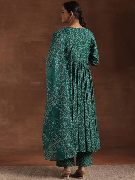 Women Bandhani Printed Pleated Gotta Patti A-Line Kurta with Trousers & Dupatta