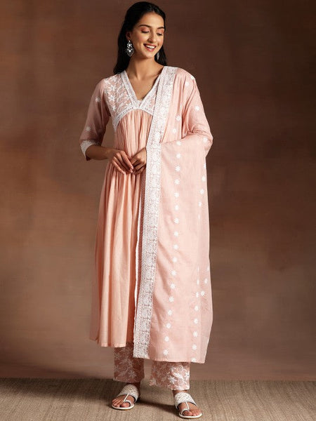 Women Peach Ethnic Motifs Embroidered V-Neck Thread Work Pure Cotton A-Line Kurta Set VitansEthnics