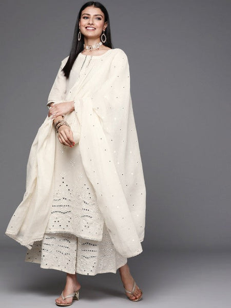 Women Off White Floral Mirror detail Cotton Straight Kurta & Palazzos with Dupatta Set VitansEthnics