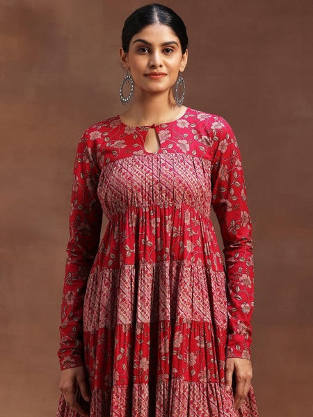 Women Floral Printed Empire Keyhole Neck Anarkali Kurta With Churidar And Dupatta VitansEthnics