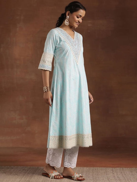 Women Blue Floral Printed Sequinned Pure Cotton Kurta with Trousers & Dupatta