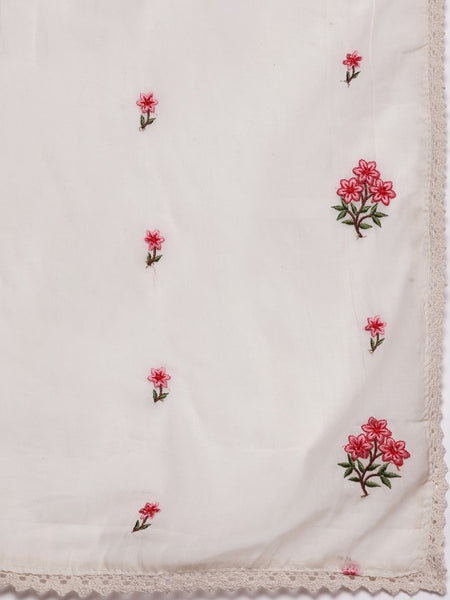 Women Off White & Pink Cotton Floral Thread Work Kurta with Palazzos & Dupatta Set