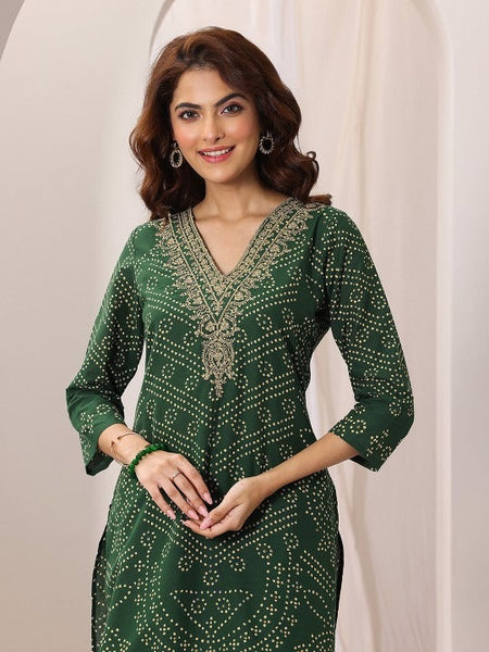 Women Bandhani Printed Thread Work Straight Kurta With Trousers & Dupatta VitansEthnics