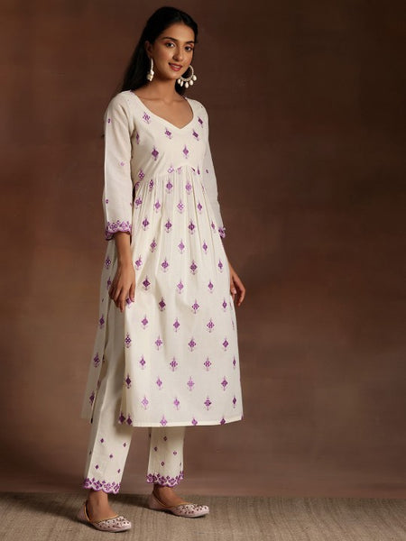 Ethnic Motifs Embroidered Mirror Work Pure Cotton Kurta with Trousers & Dupatta Set