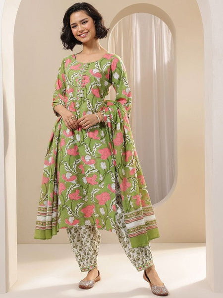 Women Green Floral Printed Regular Kurta with Salwar & With Dupatta Indian Suit Set VitansEthnics