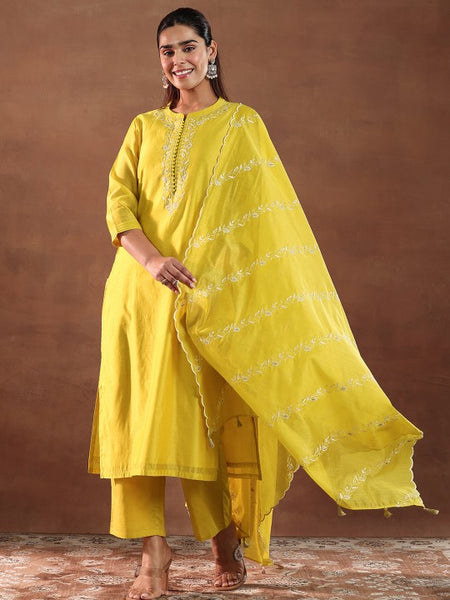 Floral Yoke Design Thread Work Chanderi Silk Straight Kurta With Trouser & Dupatta