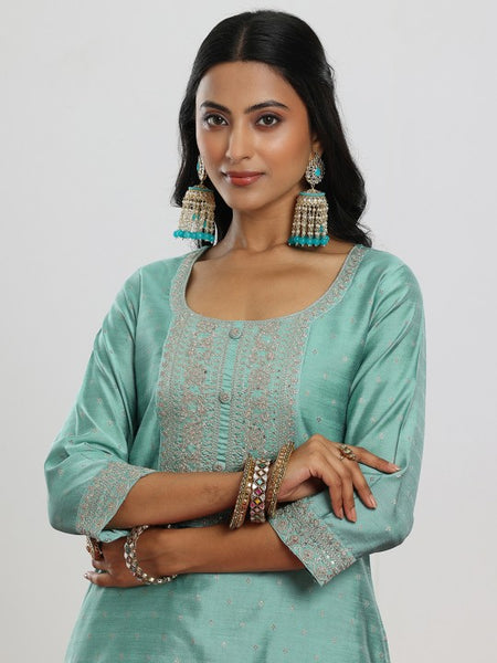 Sea Green Floral Embroidered Sequinned Chanderi Silk Kurta with Palazzo & Dupatta