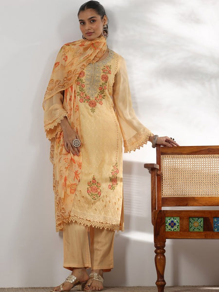 Women Floral Embroidered Thread Work Straight Kurta with Trousers & Dupatta Set