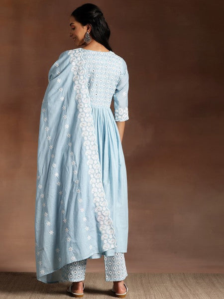 Women Blue Paisley Embroidered V-Neck Flared Thread Work Pure Cotton A-Line Kurta Set VitansEthnics