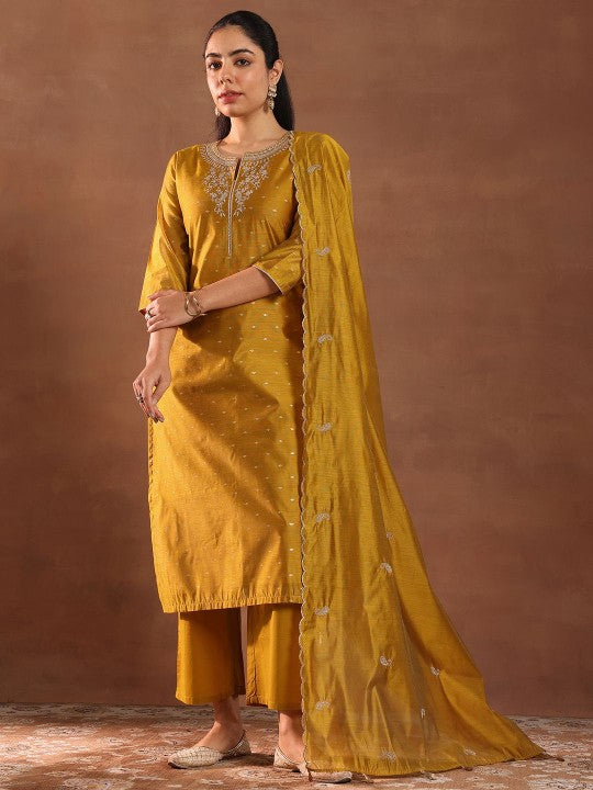 Floral Embroidered Thread Work Chanderi Silk Straight Kurta with Trousers & Dupatta Set