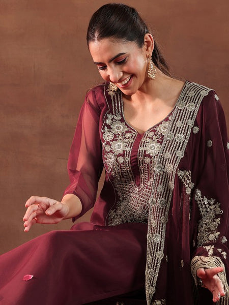 Maroon and Gold Floral Zari Yoke Design Straight Kurta with Trouser & Dupatta