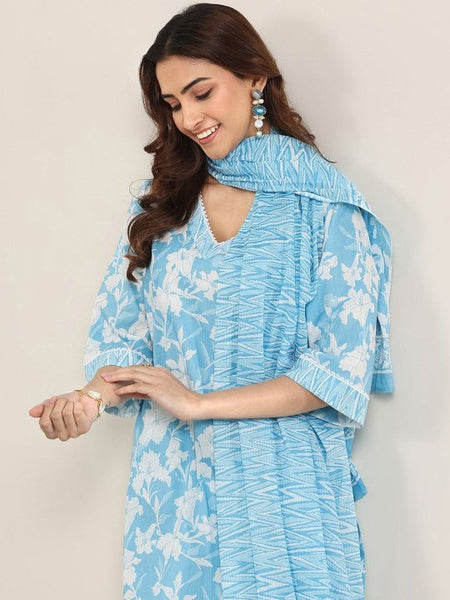 Women Floral Printed V Neck Kurta With Salwar & Dupatta Set VitansEthnics