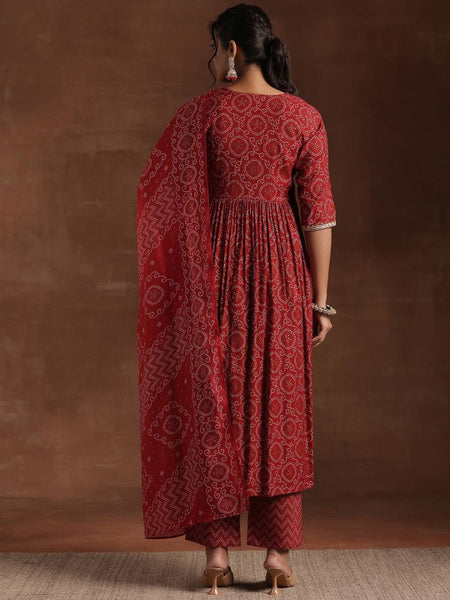 Women Bandhani Printed Pleated Gotta Patti A-Line Kurta with Trousers & Dupatta