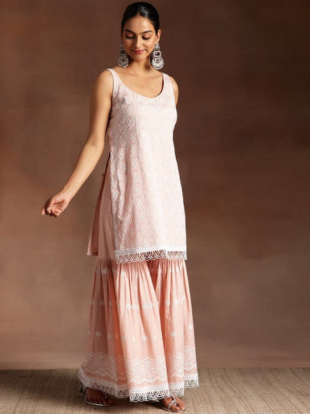 Women Ethnic Motifs Embroidered Sequinned Pure Cotton Kurta with Sharara & Dupatta Set VitansEthnics