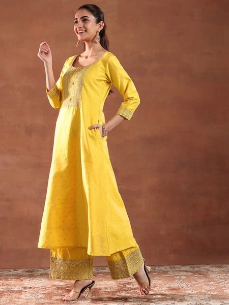 Yellow Ethnic Motifs Woven Design Chanderi Silk A-Line Kurta with Palazzo & Dupatta