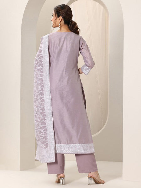 Women Floral Thread Work Chanderi Silk Regular Kurta with Trousers & Dupatta Indian Suit Set VitansEthnics