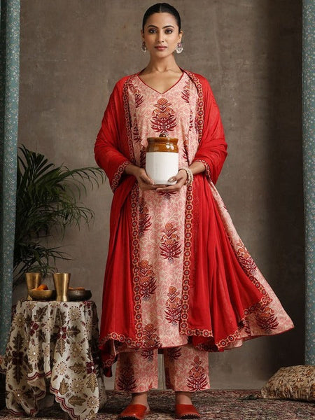 Women Floral Printed Pure Cotton Anarkali Kurta With Palazzos And Dupatta Set VitansEthnics
