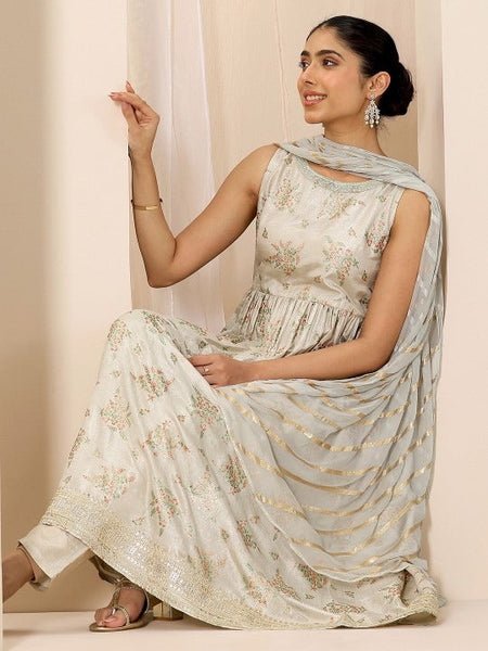 Women Floral Printed Round Neck Sleeveless Anarkali Kurta With Trousers And Dupatta Set VitansEthnics