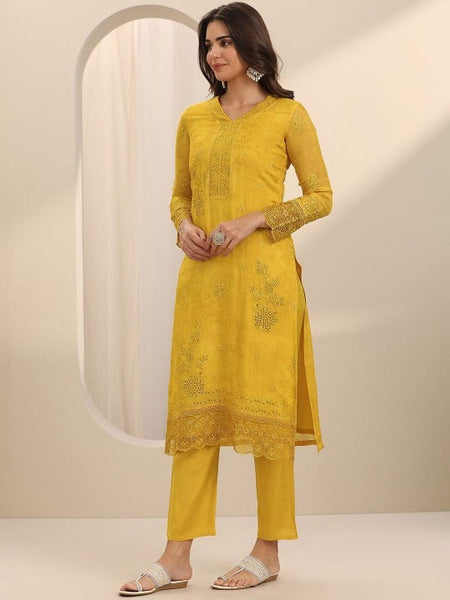 Floral Embroidered V-Neck Schiffli Straight Kurta With Trousers & Dupatta Set VitansEthnics