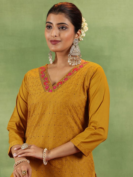 Mustrad Yellow Floral Embroidered Schiffli Cotton Kurta With Trousers & Dupatta
